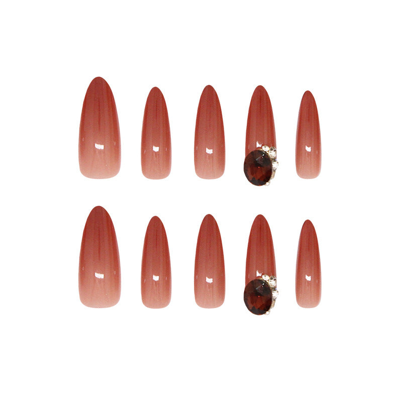 Glamorous Earthy Elegance Long Almond Shaped Warm Terracotta with Stunning Gem Accent Press On Nail Set