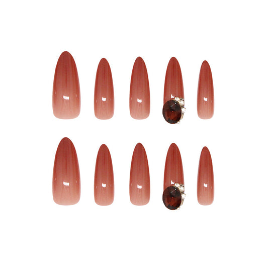 Glamorous Earthy Elegance Long Almond Shaped Warm Terracotta with Stunning Gem Accent Press On Nail Set