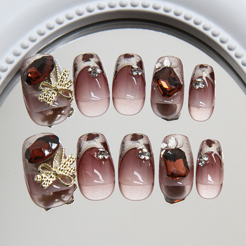 Enchanted Elegance Short Coffin Rose Pink Press On Nail Set with Glamorous Gem Accents