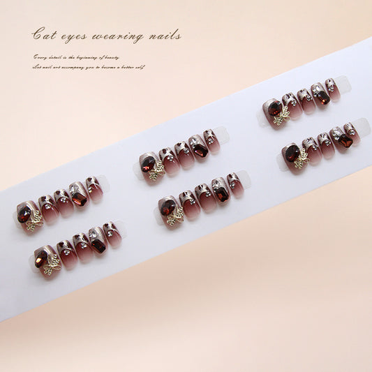 Whimsical Elegance Short Square Shaped Deep Pink Cat Eye Press-On Nail Set with Glamorous Glitter Accents