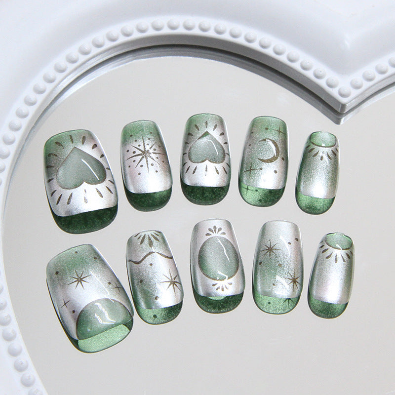 Celestial Glamour Extra Short Square Green and Silver Press-On Nail Set with Whimsical Designs