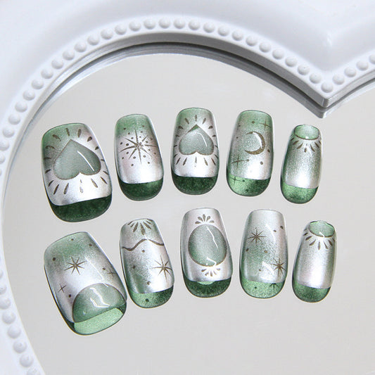 Celestial Glamour Extra Short Square Green and Silver Press-On Nail Set with Whimsical Designs