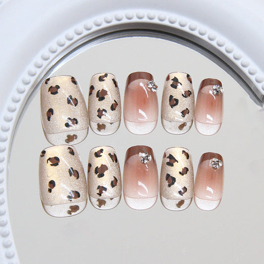Savanna Chic Short Coffin Beige With Leopard Print and Sparkling Accent Nail Set