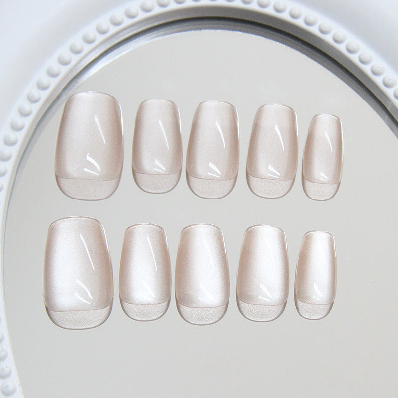 Elegant Serenity Short Coffin Beige Glossy Press-On Nail Set with Stunning Shimmer Finish