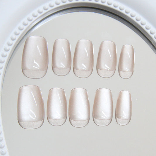 Elegant Serenity Short Coffin Beige Glossy Press-On Nail Set with Stunning Shimmer Finish