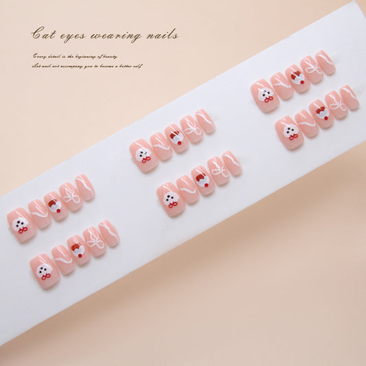 Charming Kitty Inspired Short Square Blush Pink Press On Nails with Adorable Animal Faces