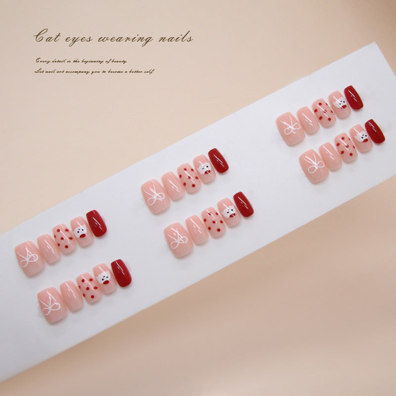 Charming Cat Eyes Short Square Nail Set in Soft Pink and Deep Red with Whimsical Animal Patterns