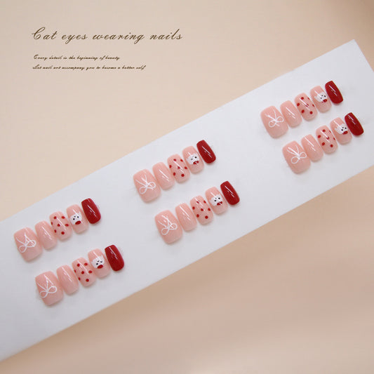Charming Cat Eyes Short Square Nail Set in Soft Pink and Deep Red with Whimsical Animal Patterns