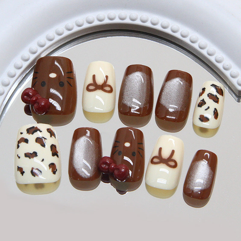 Whimsical Chocolate Delight Short Square Brown and Cream with Cute Bow and Leopard Print Nail Set