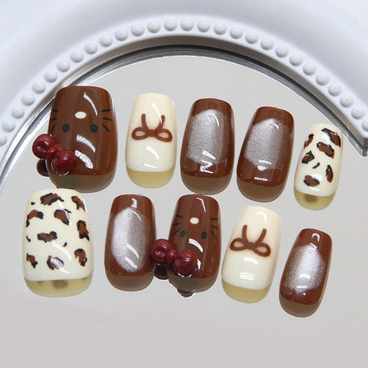 Whimsical Chocolate Delight Short Square Brown and Cream with Cute Bow and Leopard Print Nail Set