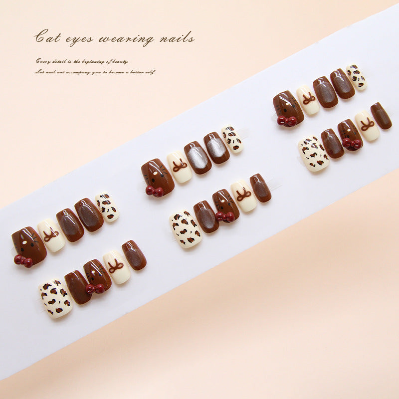 Whimsical Forest Inspired Short Square Brown and White Nail Set with Adorable Cat and Berry Designs