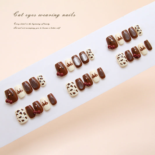 Whimsical Forest Inspired Short Square Brown and White Nail Set with Adorable Cat and Berry Designs