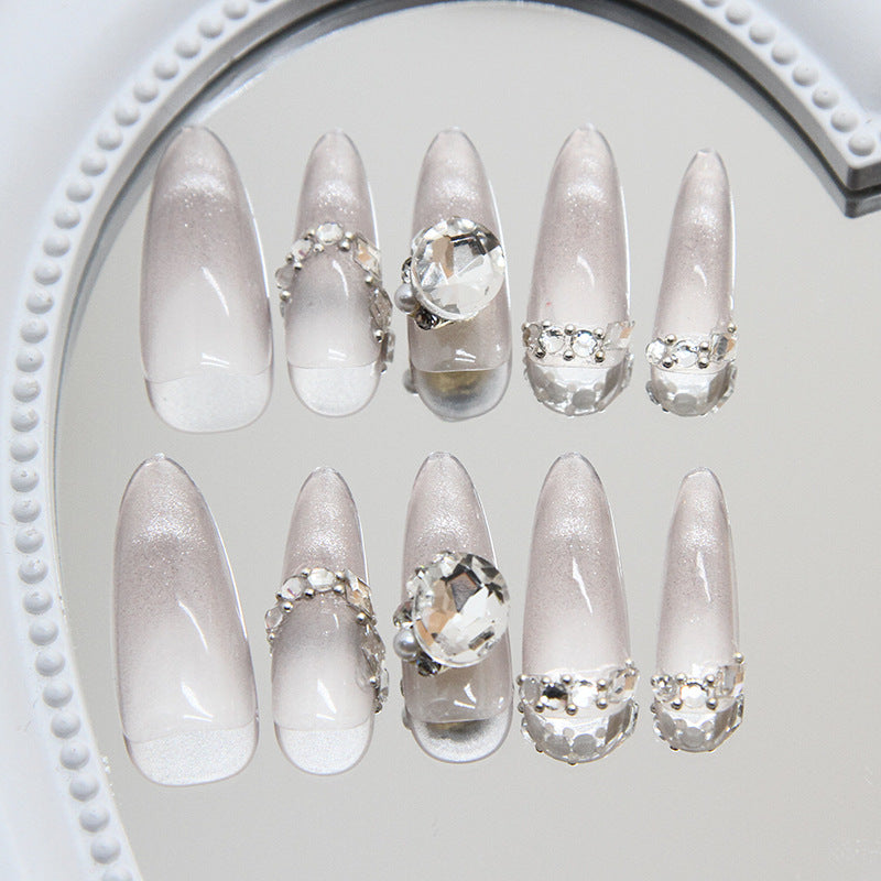 Elegant Frosted Glamour Long Almond Beige Nail Set with Crystal Accents