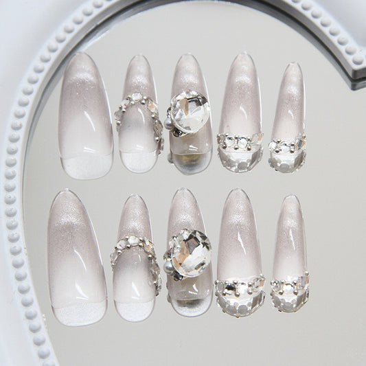 Elegant Frosted Glamour Long Almond Beige Nail Set with Crystal Accents