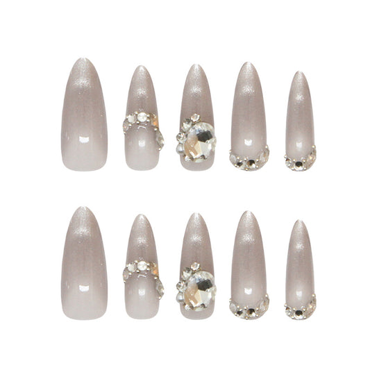 Elegance Awaits Long Almond Beige Glittery Press-On Nail Set with Sparkling Gem Accents