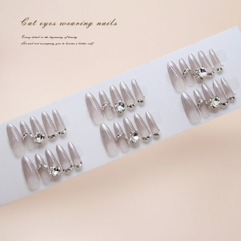 Elegant Blush Cat Eye Long Almond Shape Press On Nail Set with Sparkling Rhinestones