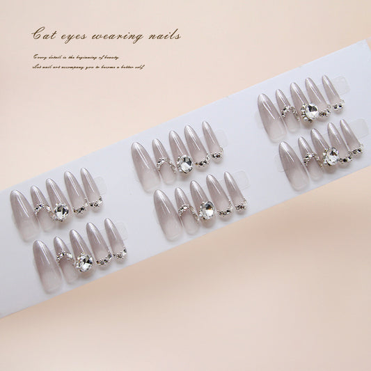 Elegant Blush Cat Eye Long Almond Shape Press On Nail Set with Sparkling Rhinestones