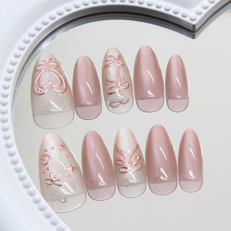 Romantic Elegance Medium Almond Blush Pink with Intricate Floral Designs Press On Nail Set