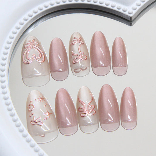 Romantic Elegance Medium Almond Blush Pink with Intricate Floral Designs Press On Nail Set