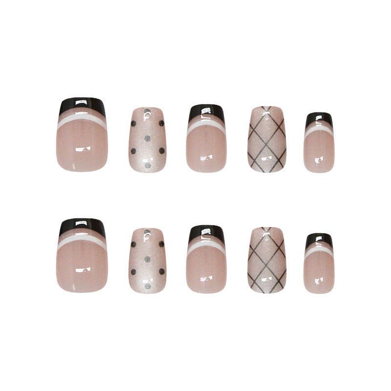 Chic Elegance Short Square Beige Press On Nail Set with Polka Dot and Geometric Design