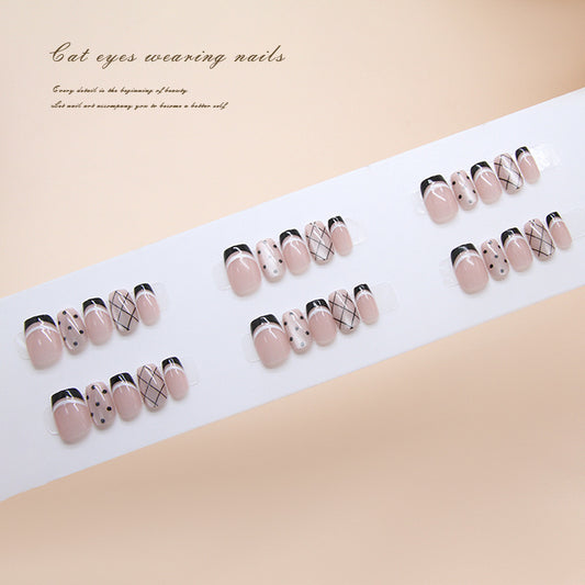 Enchanting Elegance Short Square Shaped Soft Pink with Black Accents Chic Press on Nail Set