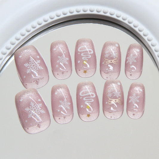 Winter Wonderland Elegant Short Square Pink Press On Nail Set with Snowflake and Bow Designs
