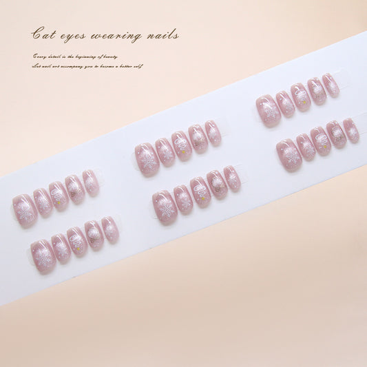 Whimsical Charm Short Square Stylish Pink Glittery Snowflake Press On Nail Set
