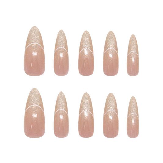 Elegant Blossom Almond Shaped Long Beige Press On Nail Set with Sparkling French Tips