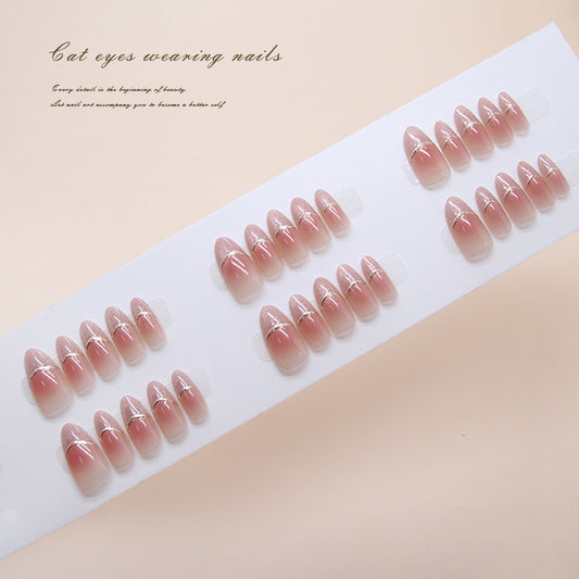Enchanting Serenity Cat Eye Short Almond Shaped Rose Pink Press-On Nails with Glittering Silver Accents