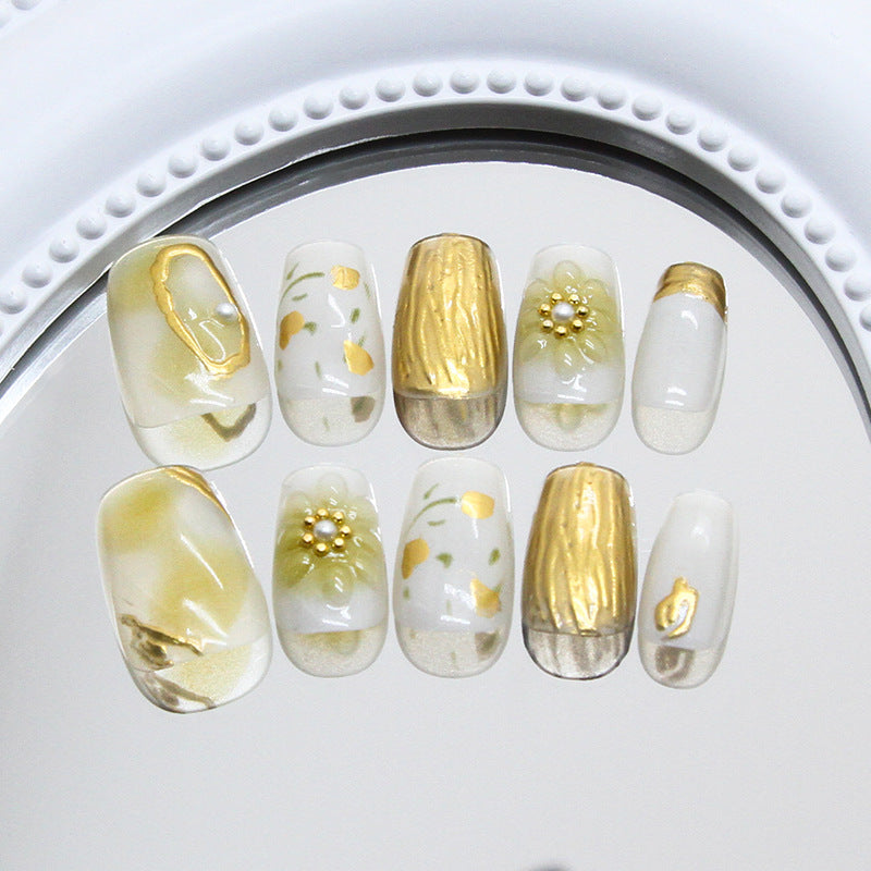 Serene Floral Dream Medium Coffin White and Gold Press On Nail Set with Elegant Pearl Accents
