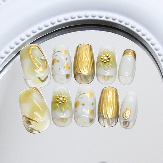 Serene Floral Dream Medium Coffin White and Gold Press On Nail Set with Elegant Pearl Accents