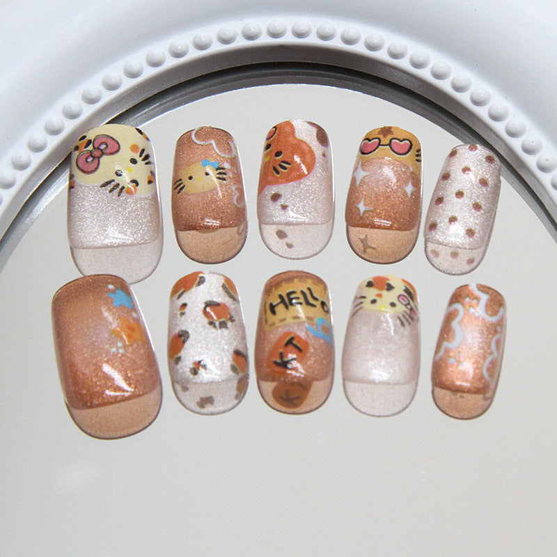 Whimsical Wonderland Short Square Golden Glittery Press On Nail Set with Cute Animal Accents