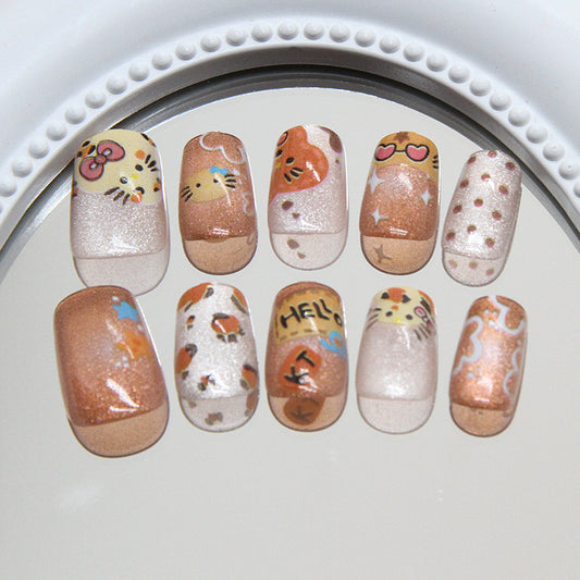 Whimsical Wonderland Short Square Golden Glittery Press On Nail Set with Cute Animal Accents