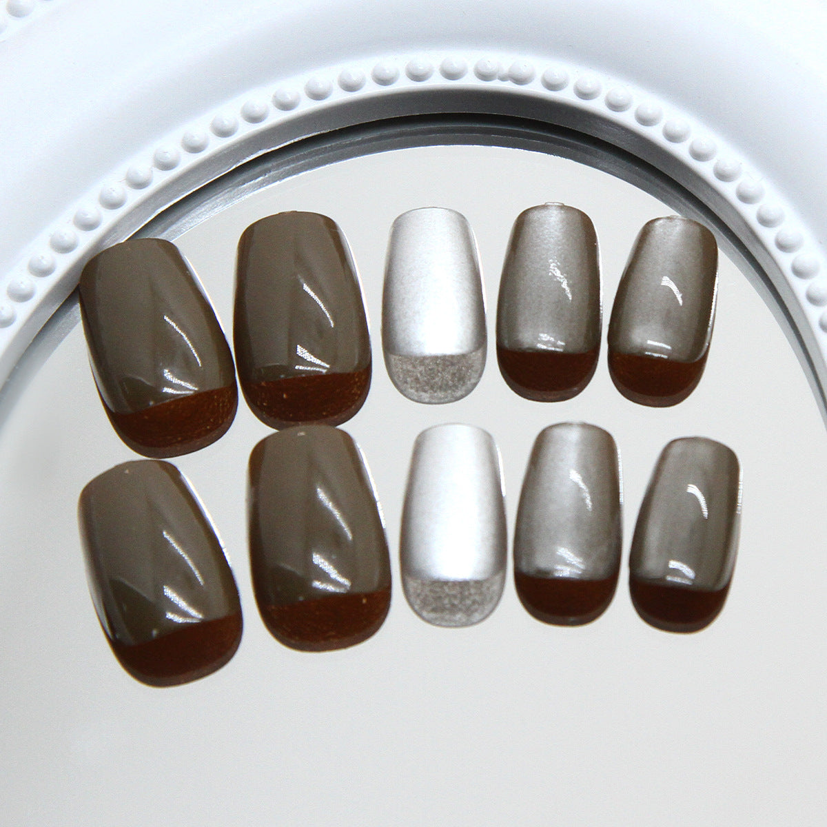 Elegant Smoky Glamour Medium Coffin Taupe and Silver Metallic Press-On Nail Set with Chic Ombre Finish