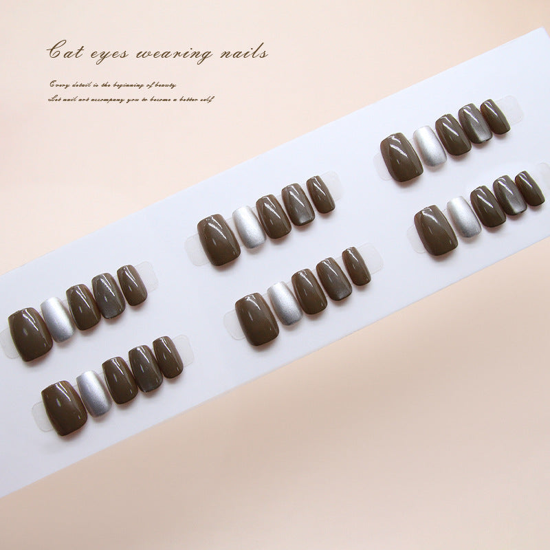 Mystical Elegance Short Square Dark Brown and Silver Cat Eye Press On Nail Set with Shimmering Finish