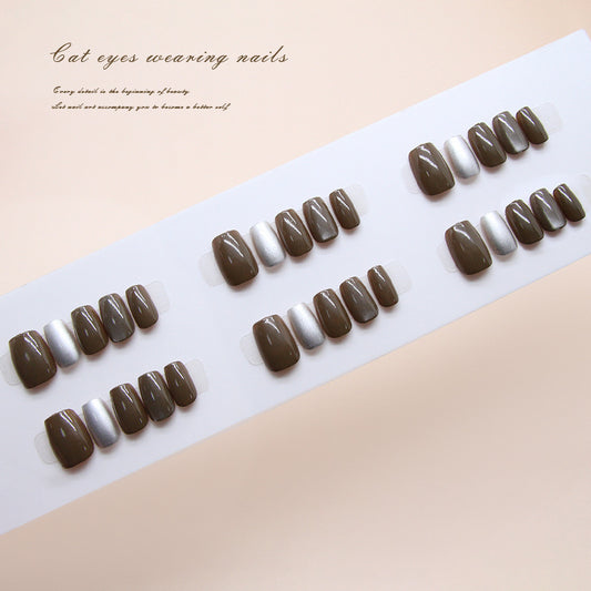 Mystical Elegance Short Square Dark Brown and Silver Cat Eye Press On Nail Set with Shimmering Finish