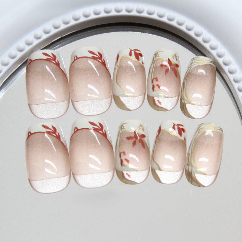 Blossom Elegance Natural Short Square Beige Nails with Botanical Art Design