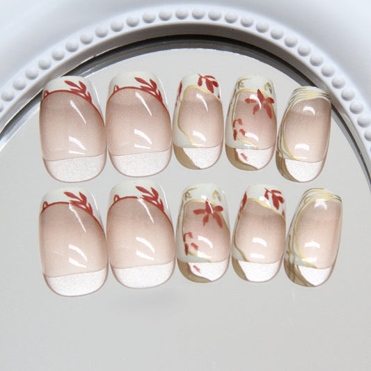 Blossom Elegance Natural Short Square Beige Nails with Botanical Art Design