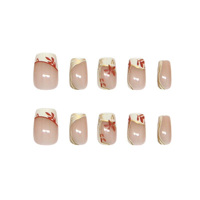 Autumn Elegance Short Square Blush Pink with Artistic Floral Accents Press On Nail Set