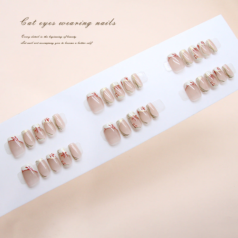 Enchanted Garden Short Square Beige with Floral Detail Press On Nail Set