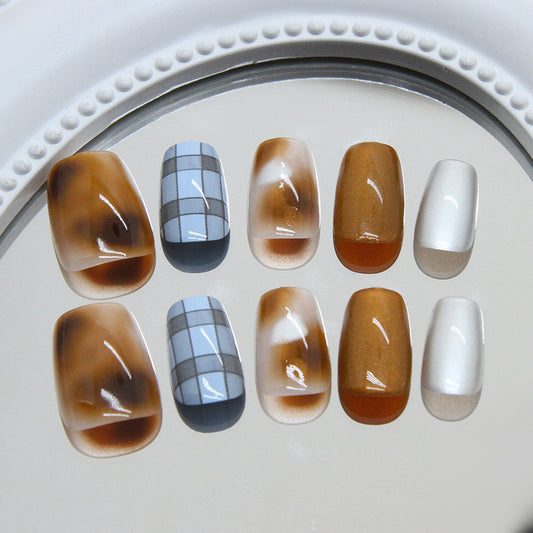 Autumn Elegance Medium Coffin Brown and Cream Ombre Press-On Nail Set with Chic Plaid Accent