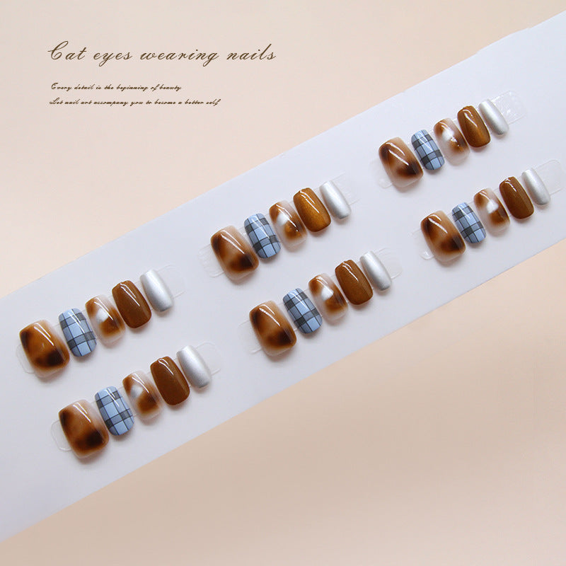 Chic Elegance Short Square Brown and White Nails with Stylish Plaid Design