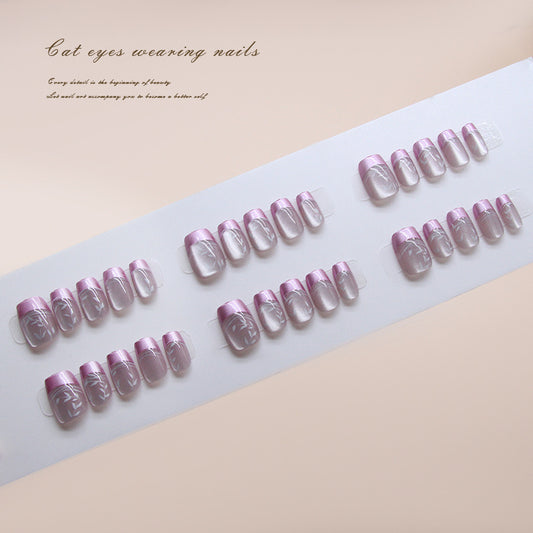 Cat Eye Elegance Short Square Lavender Press On Nails with Unique Luminous Design