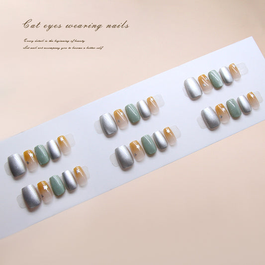 Mystical Cat Eye Collection Medium Coffin Silver Green Yellow Star Press-On Nail Set