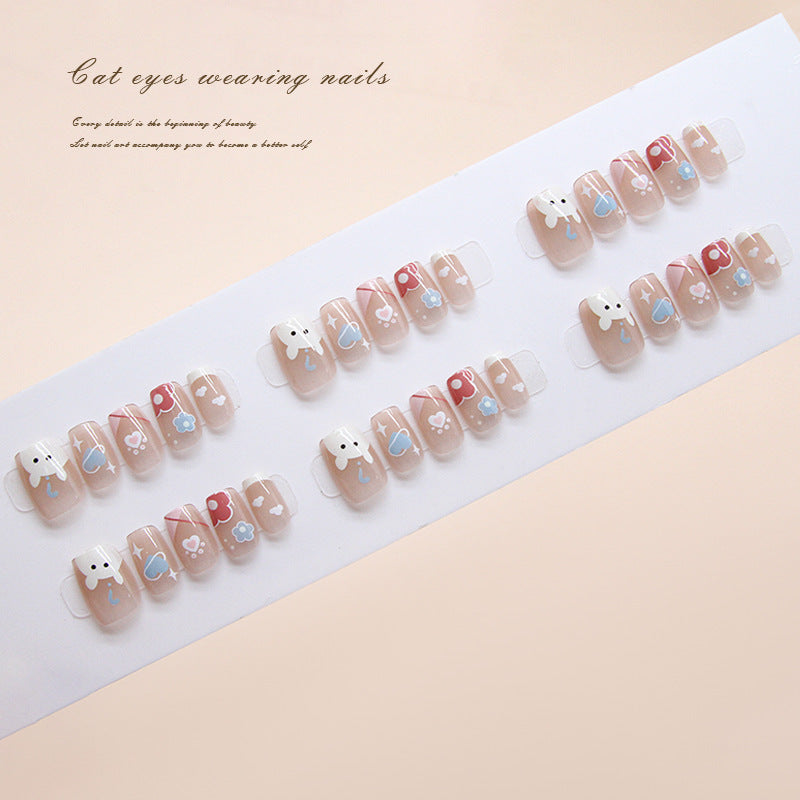 Whimsical Cat Eyes Press On Nail Set in Natural Length Short Square Shape Soft Pink with Adorable Character Designs