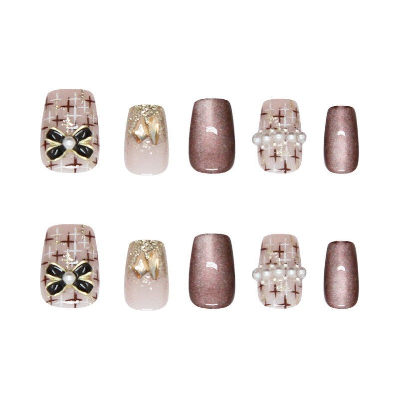 Elegant Vintage Charm Soft Short Square Blush with Pearls and Glittering Accents Press-On Nail Set