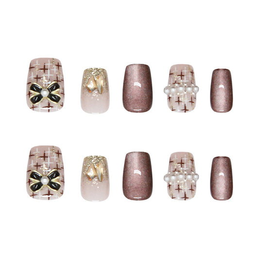 Elegant Vintage Charm Soft Short Square Blush with Pearls and Glittering Accents Press-On Nail Set