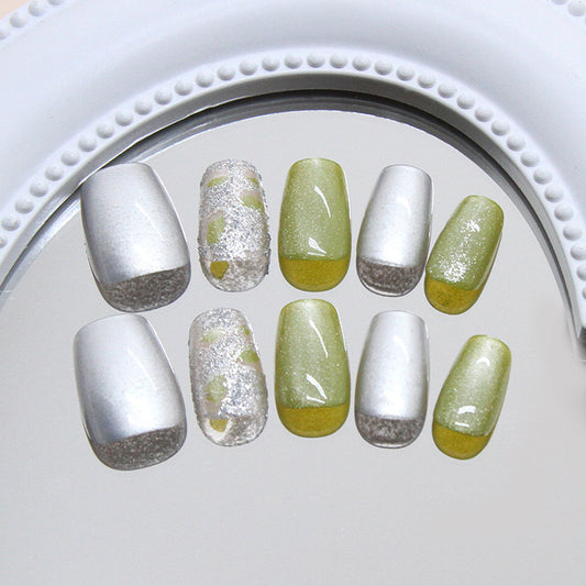 Tropical Oasis Press On Nail Set Short Square Silver and Green Glitter with Glossy Finish