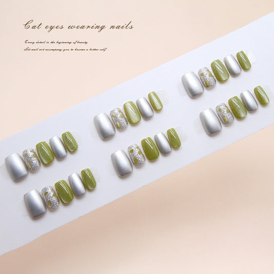 Enchanting Garden Lengthy Short Square Shimmering Silver and Earthy Green Press-On Nail Set with Unique Sparkling Accents