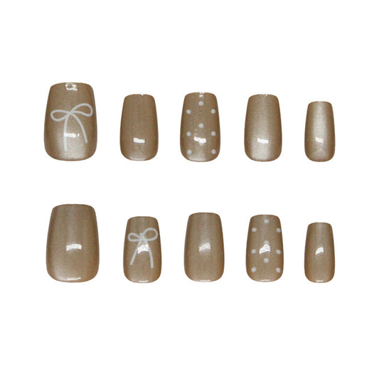Chic Elegance Short Square Shape Beige Color Press On Nail Set with Whimsical Bow and Polka Dot Design